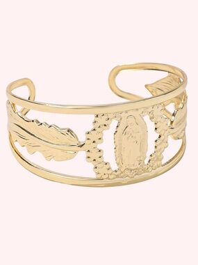 Gold Virgin Mary Open Cuff Bangle Bracelet with Feather & Floral Design
